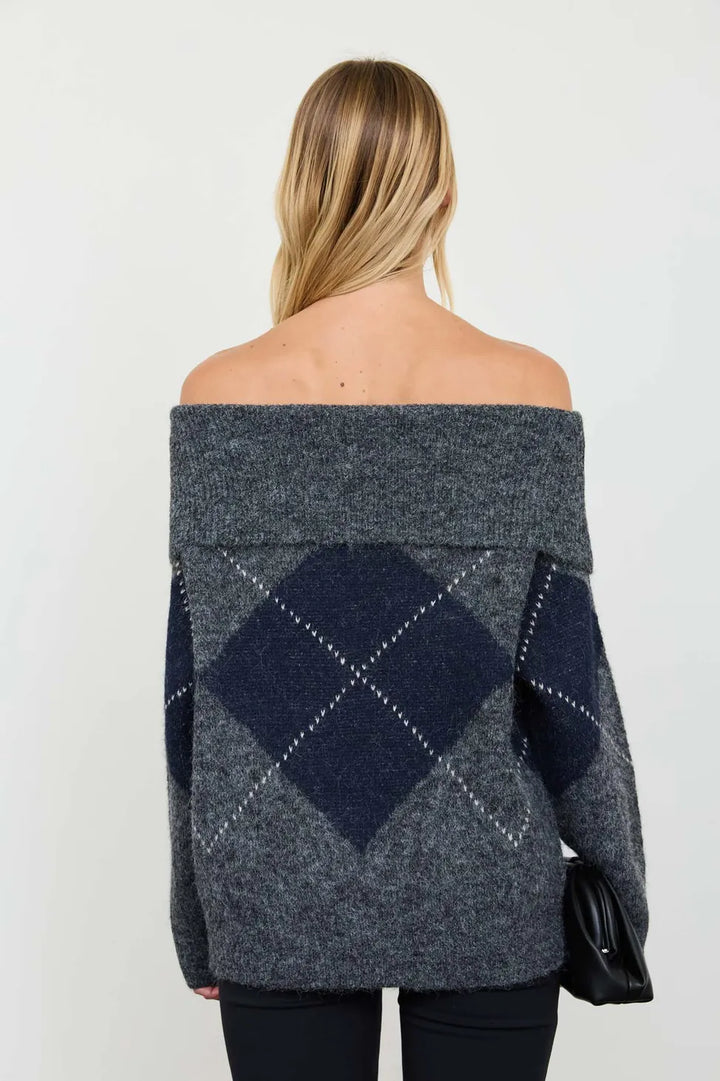 Harper Off-the-Shoulder Argyle Sweater Harper Off-the-Shoulder Argyle Sweater | Brown Grey Tops