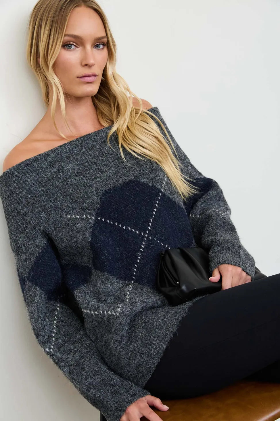 Harper Off-the-Shoulder Argyle Sweater Harper Off-the-Shoulder Argyle Sweater | Brown Grey Tops