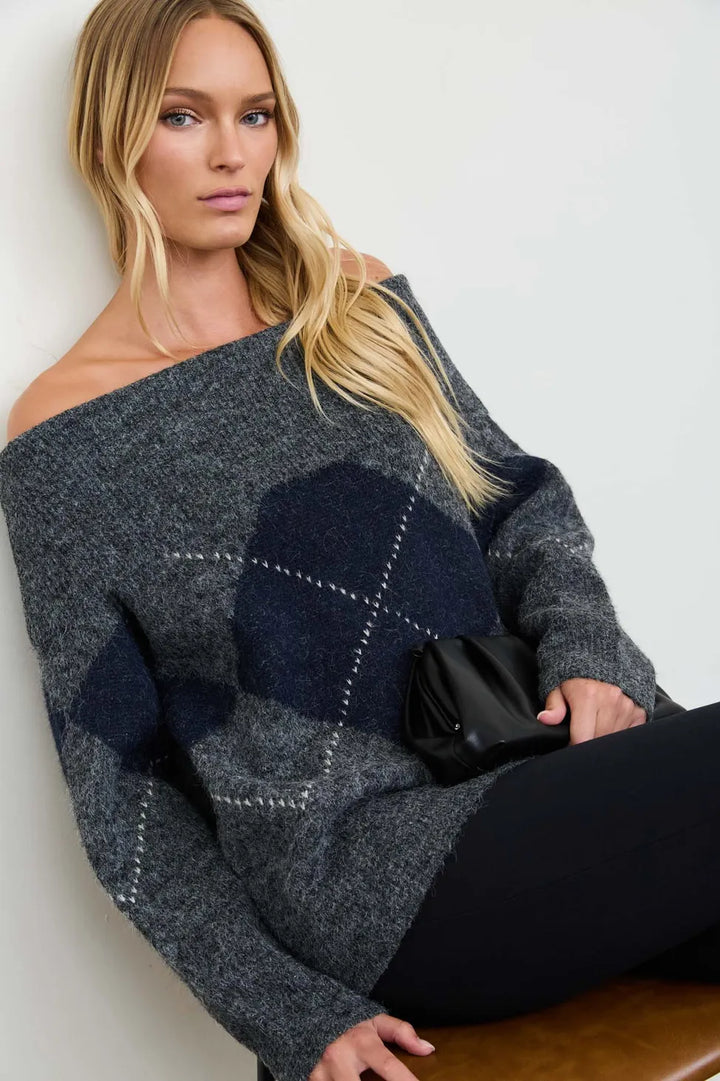 Harper Off-the-Shoulder Argyle Sweater Harper Off-the-Shoulder Argyle Sweater | Brown Grey Tops