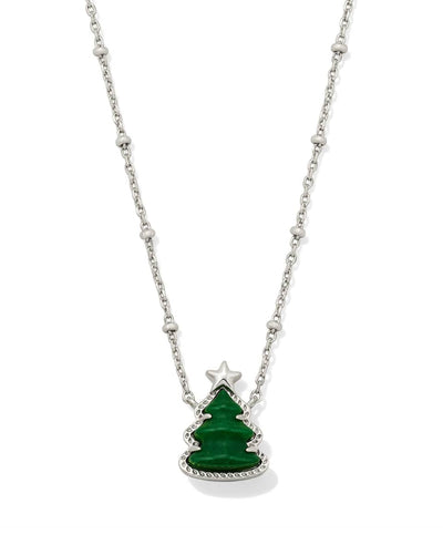 Kendra Scott Holiday Tree Silver Short Pendant Necklace in Green Quartzite