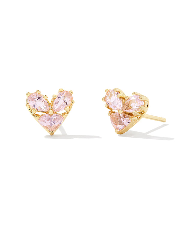 Katy Gold Heart Stud Earrings in Pink Glass