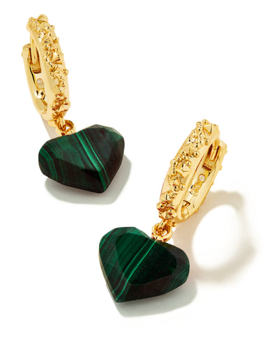 Penny Gold Heart Huggie Earrings in Green Malachite