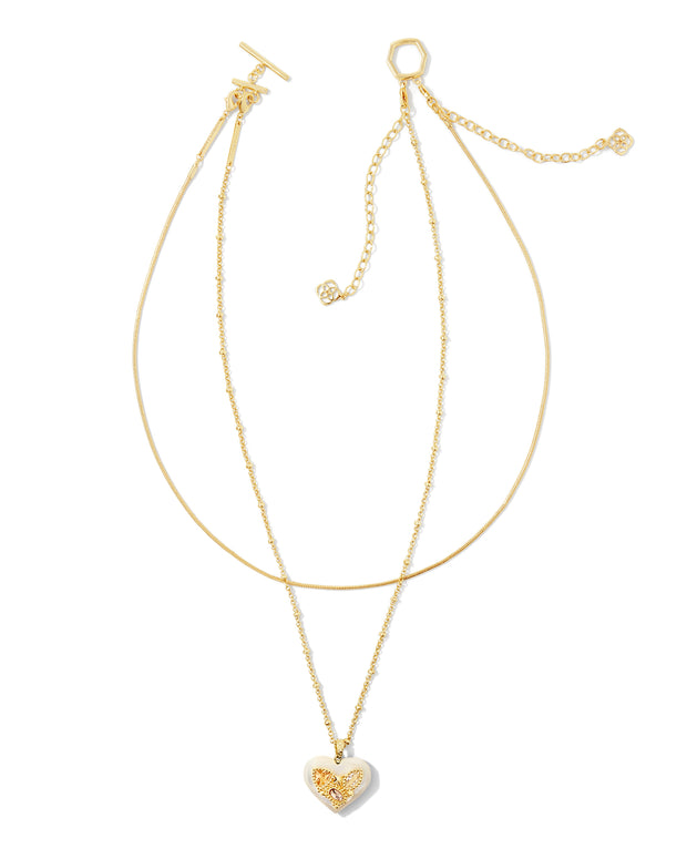 Penny Gold Heart Multi Strand Necklace in Ivory Mother of Pearl