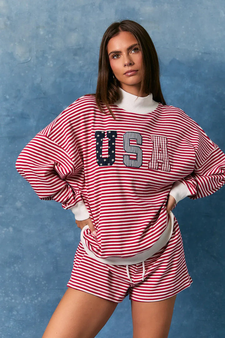 Red Striped USA Oversized Mock Neck Sweatshirt