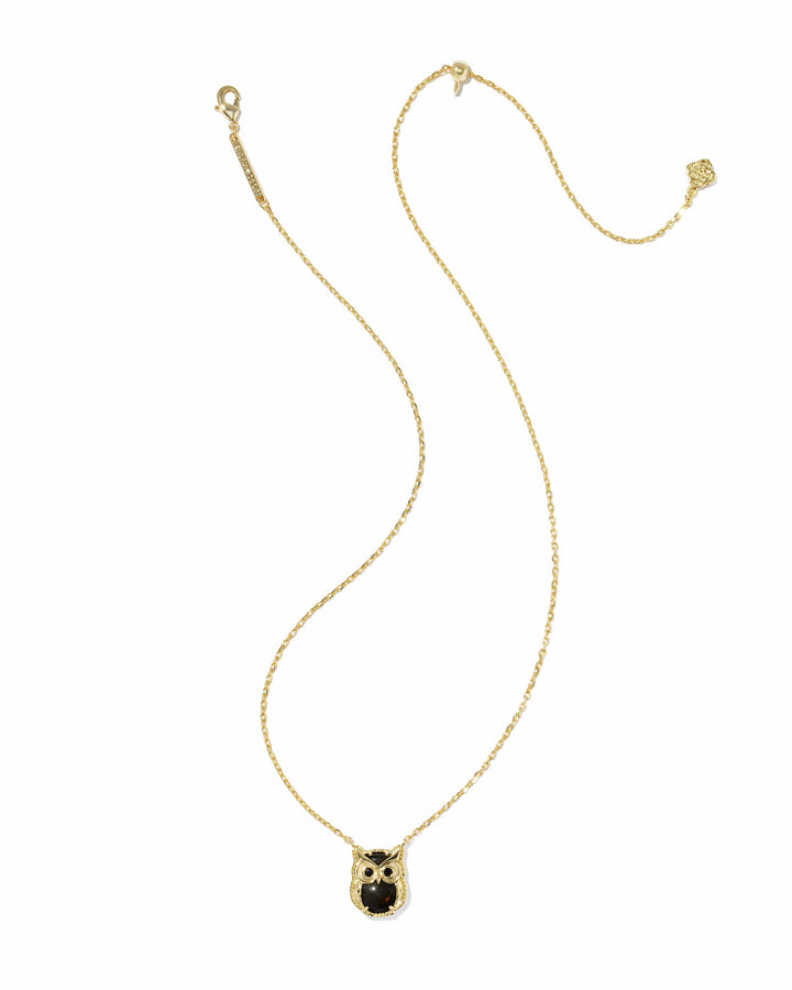 Kendra Scott Owl Gold Short Pendant Necklace in Sheen Obsidian