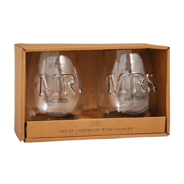 Mr. &amp; Mrs. Embossed Glass Set – Stemless Wedding Wine Glasses